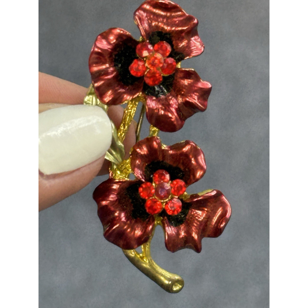 Vintage Enamel Red Rhinestone Flower Floral Jewelry Brooch Pin Good Toned - Picture 5 of 10